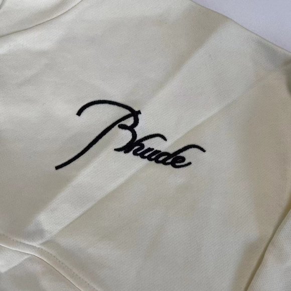 Rhude Autumn and Winter Stand Collar Half-Zip Letter Embroidered Hoodie - Cream - Picture 9 of 12